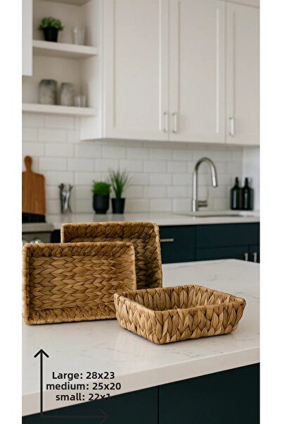 PEKPLUS Decorative Natural Hand Knitted Rectangular Wicker 3-Piece Basket Set Multi-Purpose Organizer