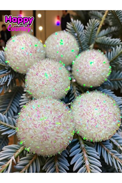 Happyland Christmas Tree Pine Tree Ornament White Color Sequin Glitter Model 6 Pieces 6 cm Christmas Ball