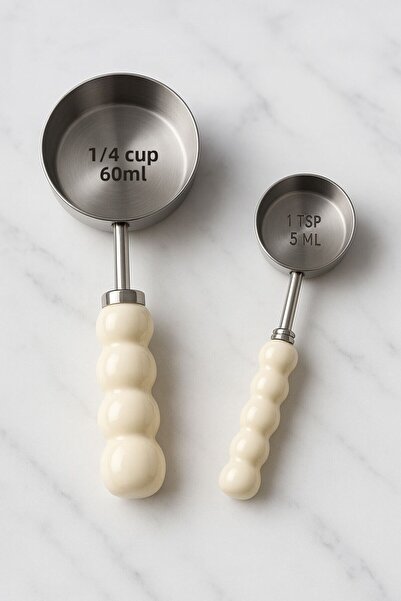 Qerhome Set of 2 Porcelain Handle White Measuring Spoons Silver 60 Ml-15 ml