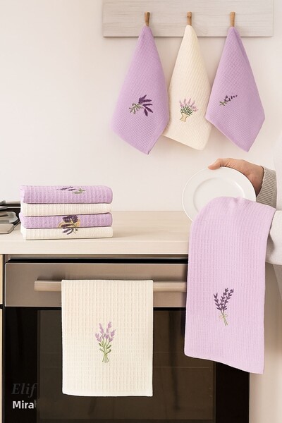 Elif Mira طقم مناشف مطبخ منقوشة مكون من 6 قطع، مناشف ماصة بنسيج الوافل 30×50 ...