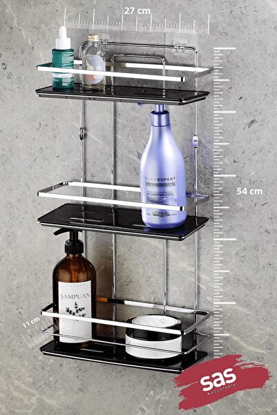 Sas Haus Ράφι ντους μπάνιου με αυτοκόλλητο 3 επιπέδων – Ρυθμιζόμενο ράφι κρυστάλλου (κόλληση/βίδα) Χρώμιο-Μαύρο