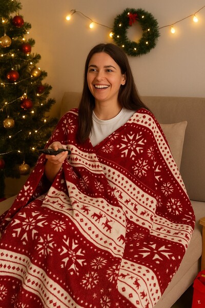 Bonny Home Berfu Velvet Burgundy-Red Christmas Patterned Tv Blanket Single Person Fleece Blanket Sofa Throw