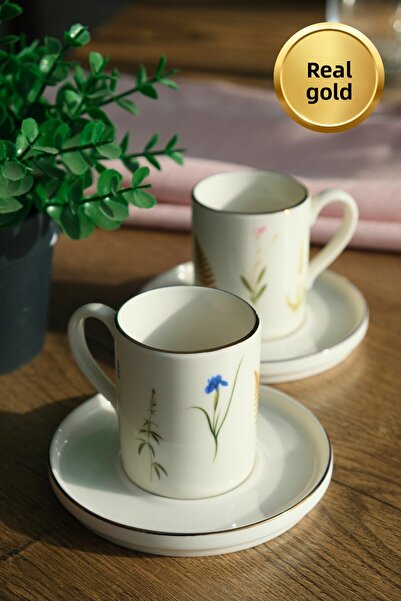 tabakevi Tabak Evi Porcelain Natura Mixed Gold Gilded Coffee Cup Set 90Cc 2 Person 4 Pieces