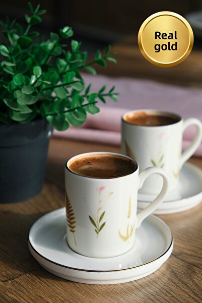 tabakevi Tabak Evi Porcelain Natura Mixed Gold Gilded Coffee Cup Set 90Cc 2 Person 4 Pieces