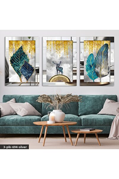 Evinemoda Tablou cu cerb și frunze colorate, 3 piese, din plexiglas argintiu,...