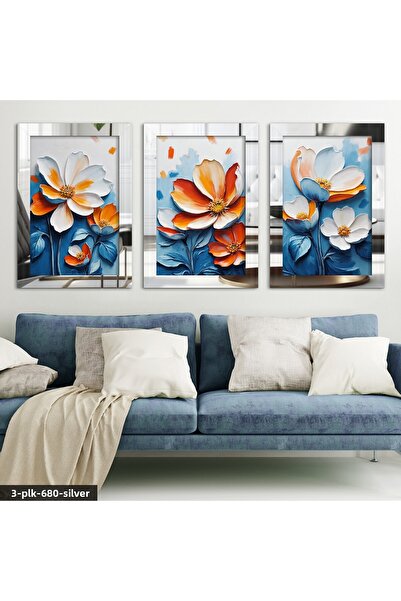 Evinemoda Floare portocalie cu frunze albastre, tablou cu oglindă din plexigl...