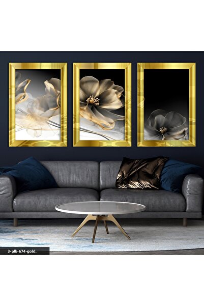 Evinemoda Tablou cu oglindă din plexiglas auriu, 3 piese, cu flori aurii