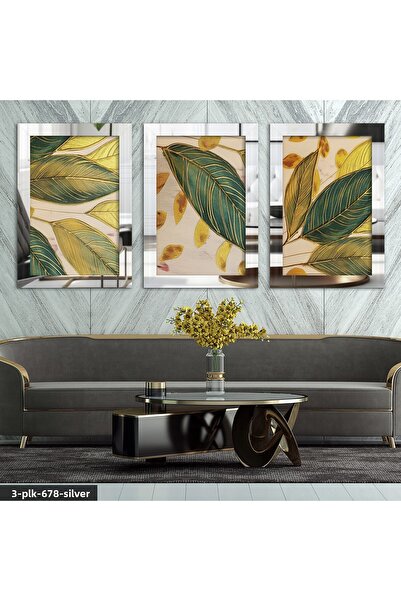 Evinemoda Tablou cu oglindă din plexiglas argintiu, cu frunze verzi și linii ...