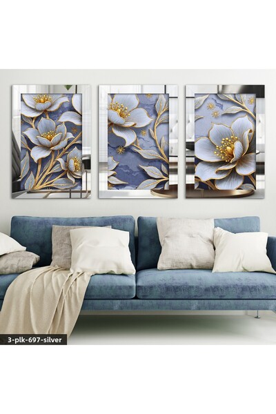 Evinemoda Tablou cu oglindă din plexiglas argintiu, cu detalii aurii și flori...