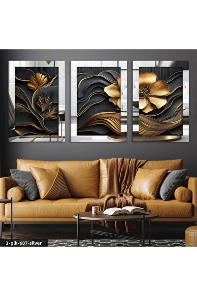 Evinemoda Tablou cu oglindă din plexiglas argintiu cu flori aurii, 3 piese