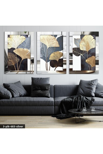 Evinemoda Masa cu oglindă din plexiglas argintiu cu frunze gri și aurii, 3 piese