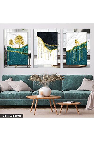 Evinemoda Златно дърво и елен, 3-компонентна сребърна огледална картина от пл...