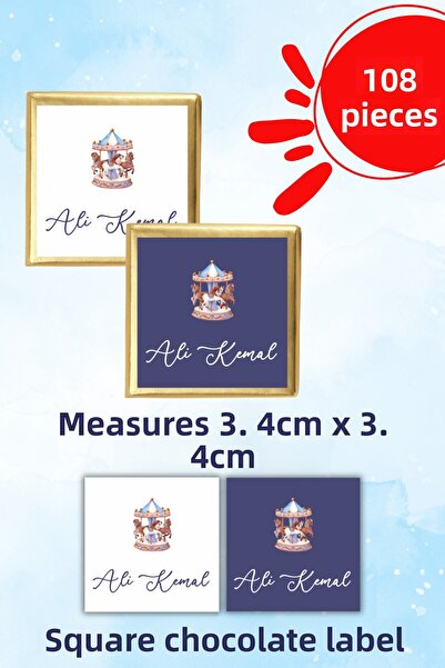 Netsan Etiket 108 Pieces Madlen Chocolate Tag 3.4cm Carousel Baby Boy Blue White