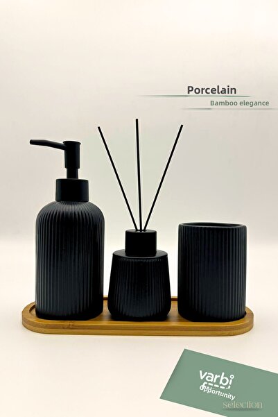 Varbifırsat 3-Piece Porcelain Bathroom Set – Stylish Accessory Set with Bamboo Base (Soap Dish, Toothbrush Holder, Room Fragrance Container)