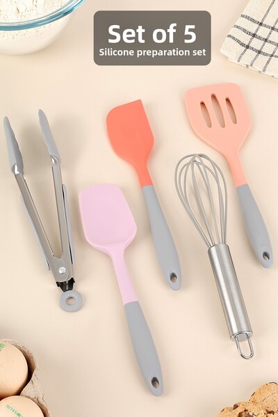 Meleni Home مجموعة أدوات تحضير الطعام من السيليكون مكونة من 5 قطع - مجموعة أدوات مطبخ مقاومة للحرارة وغير لاصقة