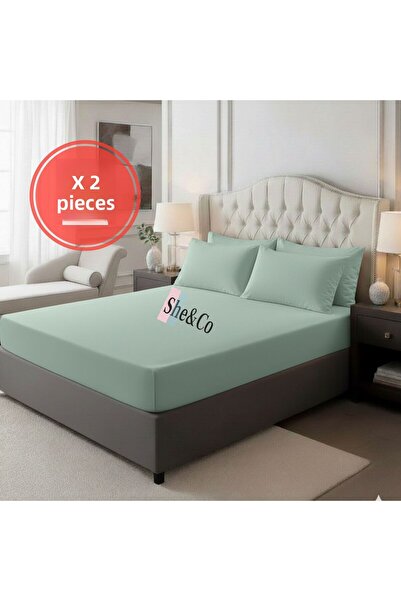 She&Co 2 Pieces Green Cotton Double Size 180 X 200 X 30 cm Fitted Sheet Set