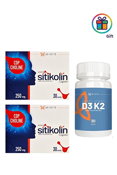 Haver Sitikolin Cognizin 250 Mg 30 Capsules + Vitamin D3K2 30 Tablets (with Lollipop Gift)