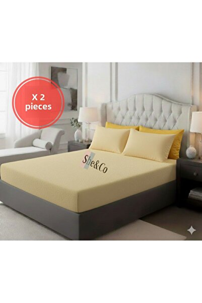 She&Co طقم ملاءات مطاطية مكون من قطعتين من القطن الأصفر مقاس 180 × 200 × 30 سم