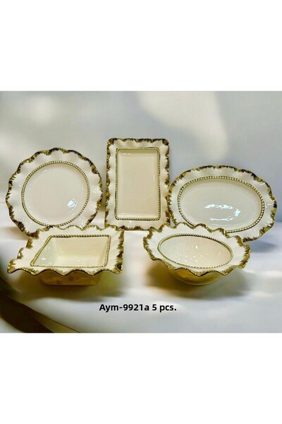 Hinora Gold Detail White 5 Piece Ceramic Serving Plate Set