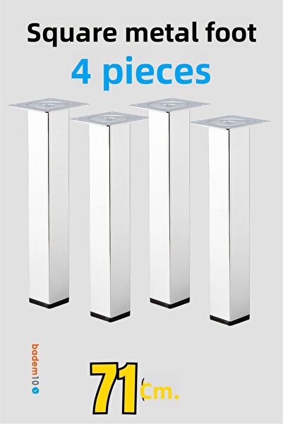 Badem10 4 قطع من أرجل طاولة معدنية مربعة الشكل بقطر 6 سم، مصنوعة من الكروم الفضي بطول 71 سم، لدعم ورفع الأثاث