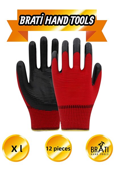 BRATİ HAND TOOLS Red Black Zebra Nitrile Coated Work Gloves 10 XL Flexible Comfortable Working Gloves 12 Pieces