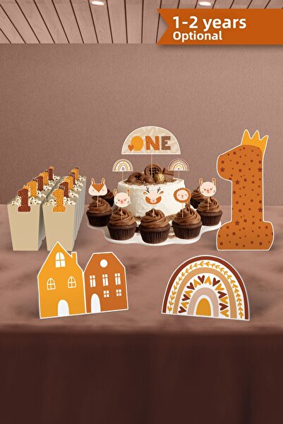 Hey Parti Комплект за 1-ви рожден ден - Бохо бебешки естествен цвят, тема дъг...