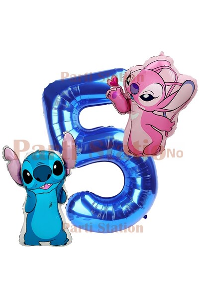 Parti Station Lilo Stitch and Angel 5 Year Old Navy Blue Number Balloon Birth...