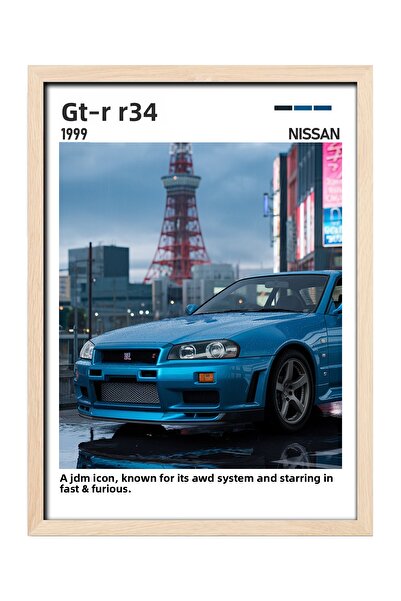 gxe.art Pictură cu poster cu rama din lemn Nissan R34 GT‑R – Design iconic Sk...