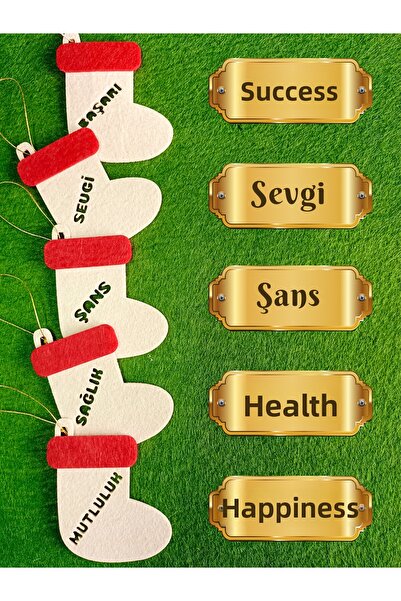 Kabajur New Year Felt Boot Ornament Set Cream Color – 5 Pieces Wish-Themed Ch...