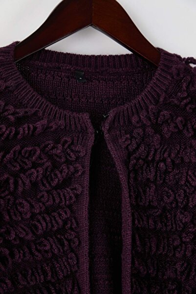 Trendyol Collection Cardigan tricotat texturat cu guler rotund fermoare violet TWOAW26HI00300