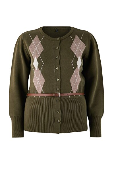 Trendyol Curve Khaki Baklava Patterned Jacket-Looking Knitwear Cardigan Tbbaw26Av00004