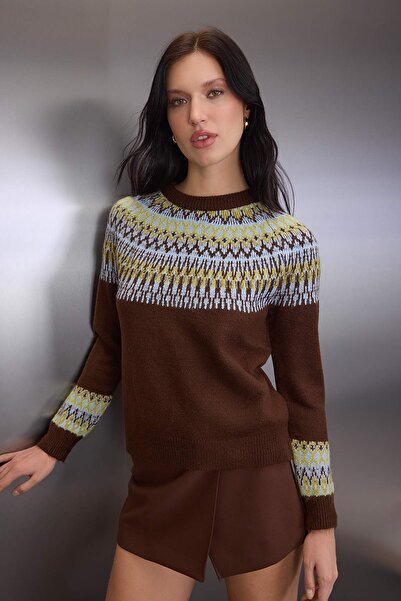 Trendyol Collection Brown Soft Textured Ethnic Patterned Knitwear Sweater Twoaw26Kz00194