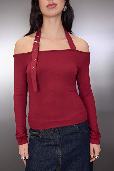 Trendyol Collection Burgundy Halter Neck Accessory Belt Detailed Fitted/Bodycon Knitted Blouse Twoaw26Bz00197