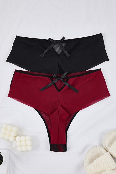 Trendyol Curve Σέξι εσώρουχα με δαντέλα με φιόγκο σε μαύρο χρώμα κερασιού, 2 τεμάχια, με λεπτομέρειες από δαντέλα, βραζιλιάνικο σέξι εσώρουχο μεγάλου μεγέθους TBBAW26CM00002