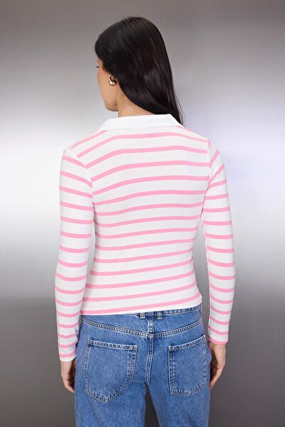 Trendyol Collection Light Pink Striped Soft Touch Polo Neck Bodycon Knitted Blouse Twoaw26Bz00355