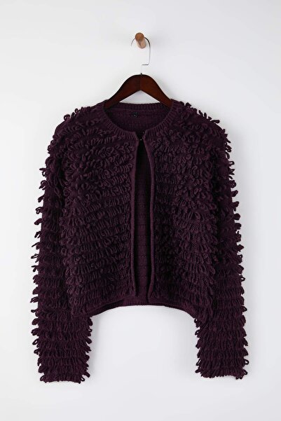Trendyol Collection Cardigan tricotat texturat cu guler rotund fermoare violet TWOAW26HI00300
