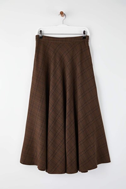 Trendyol Collection Brown Plaid Bell/A-Line Flounces Woven Long Maxi Skirt Twoaw26Et00165