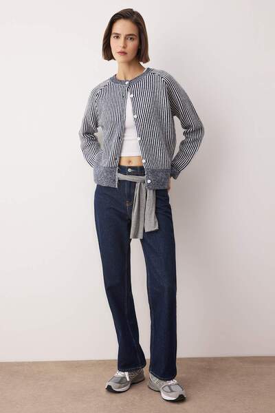 Trendyol Collection Navy Blue Crew Neck Striped Knitwear Cardigan Twoaw26Hi00304