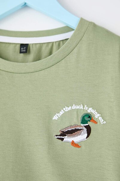 TRENDYOLKIDS Πλεκτό μπλουζάκι με ζωικό σχέδιο Indigo-Ekru-Mint TKDAW26TS00009