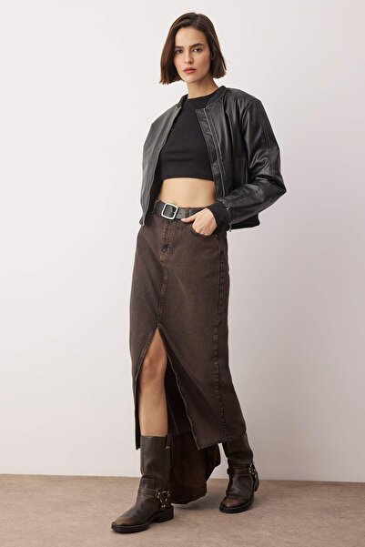Trendyol Collection More Sustainable Brown Slit Maxi Denim Skirt Twoss23Et00290