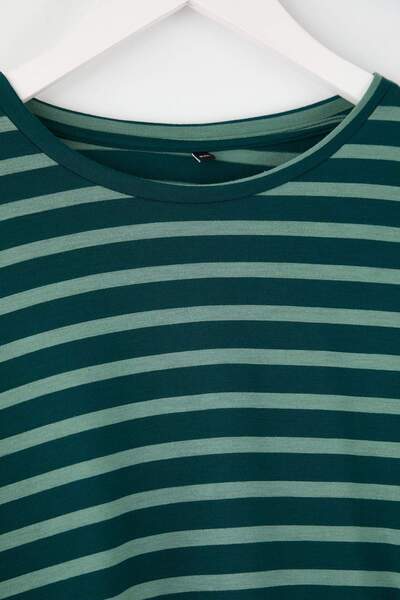 Trendyol Curve Πράσινο ριγέ κανονικό/κανονική εφαρμογή Πλεκτό μπλουζάκι με λαιμόκοψη TBBAW26BF00003
