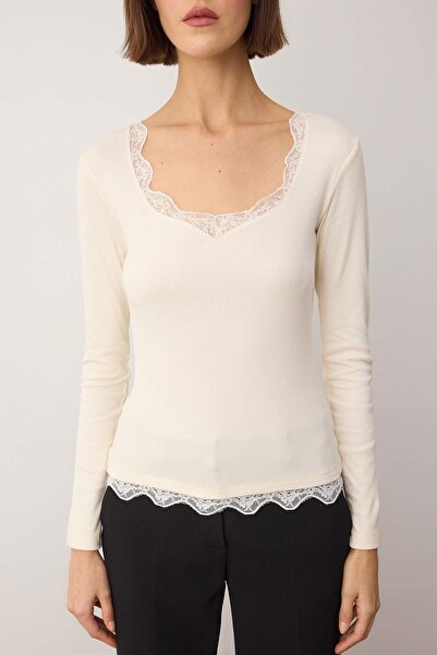 Trendyol Collection Ecru Ribbed Lace Detailed Fitted/Bodycon Knitted Blouse Twoaw26Bz00302