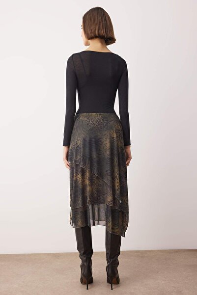 Trendyol Collection Khaki Ruffled Abstract Pattern Knitted Skirt Twoaw26Et00084