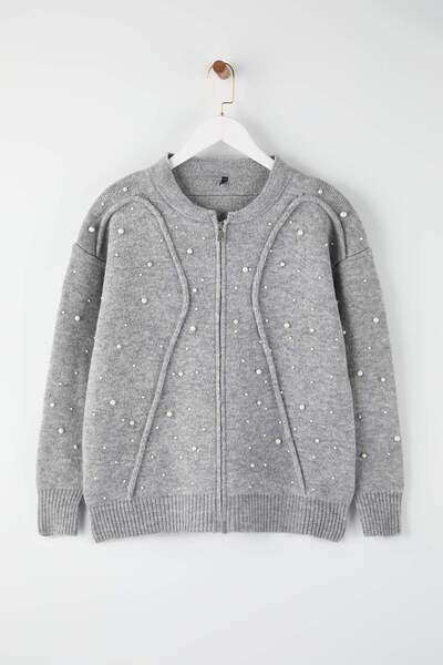 Trendyol Curve Gray Pearled Jacket Look Knitwear Cardigan Tbbaw26Av00026