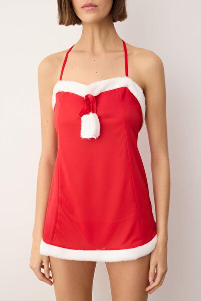 Trendyol Collection Red 2-Piece Christmas Themed Plush Detailed Tulle Thong Panty Babydoll/Fantasy Nightgown Thmaw26Ll00024