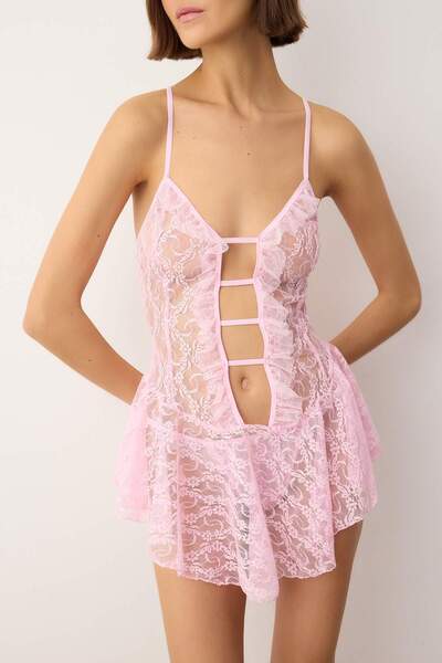 Trendyol Collection Ροζ καλσόν με λεπτομέρεια με παράθυρο/κομμένο σχέδιο, πλεκτό μπλουζάκι χωρίς καπάκι, πλεκτό μπλουζάκι Babydoll/Φανταστικό νυχτικό THMSS25CY00004