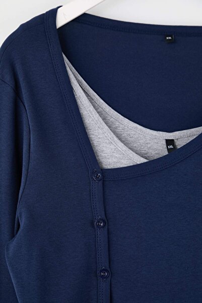 Trendyol Curve Marineblaue Lycra-Bluse aus gekämmter Baumwolle, gestrickt, Übergröße