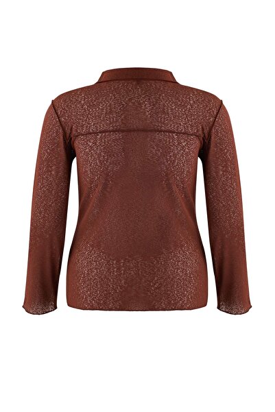 Trendyol Curve Brown Polo Neck Buttoned Foam Knitted Plus Size Blouse Tbbaw26Af00044