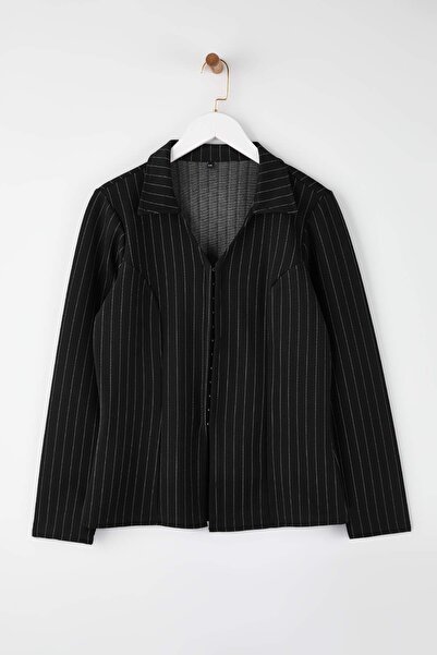 Trendyol Curve Black Polo Neck Button Detail Waist Fitted Striped Interlock Knitted Plus Size Blouse Tbbaw26Af00095