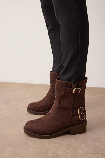 TRENDYOL SHOES Brown Suede Buckle Detail Block Heeled Women's Boots Takaw26Bo00113